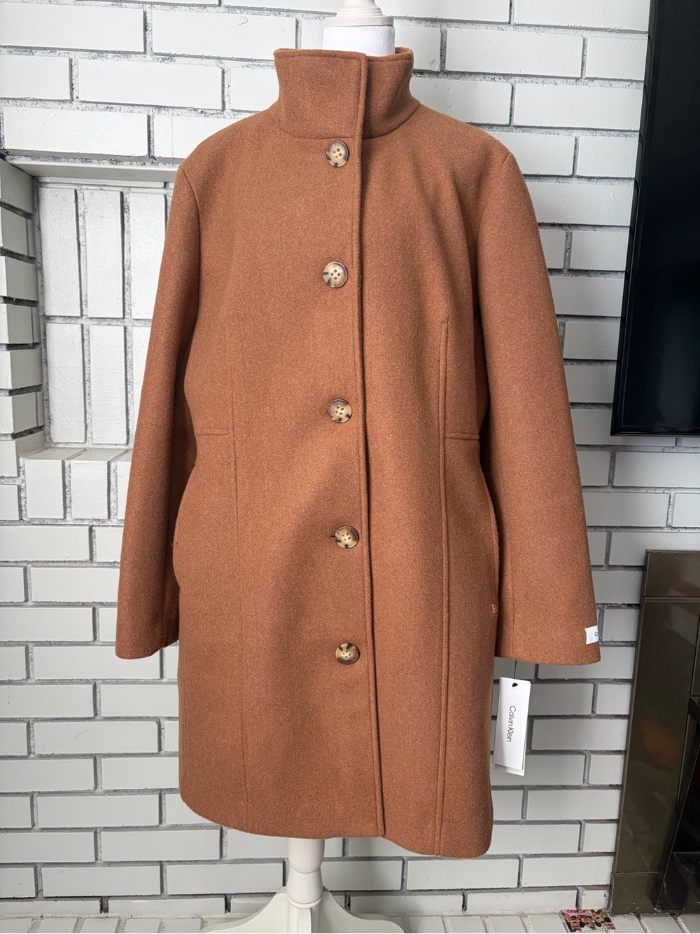 Calvin Klein Rust Brown Stand-Collar Single-Breasted Wool Coat